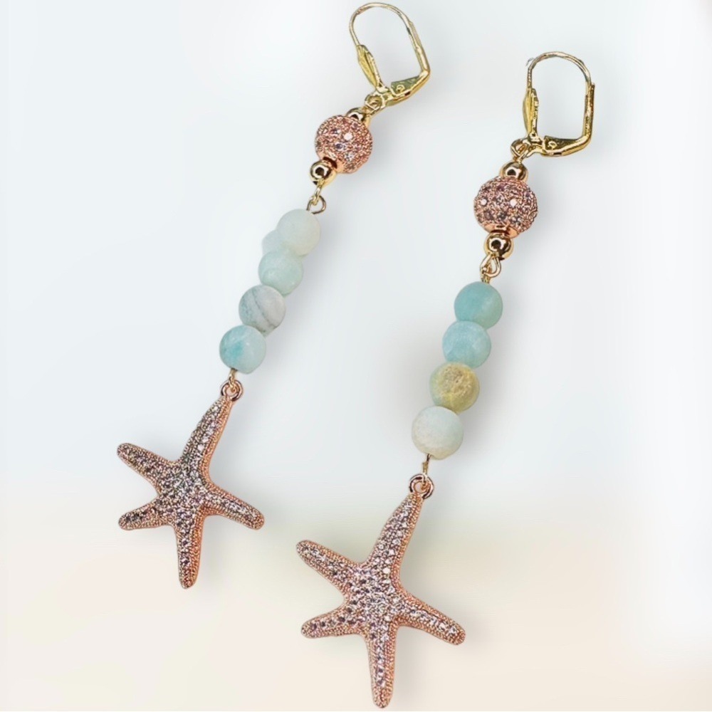 NEW Handmade Genuine Matte Amazonite & Rose Gold Starfish Leverback Drop Earring